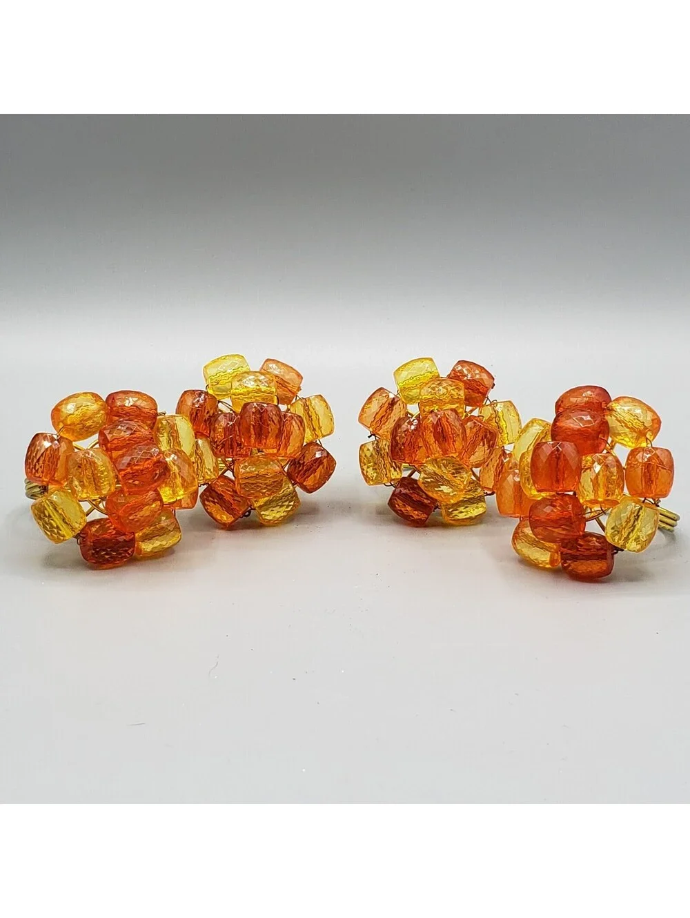 4 Orange Yellow Beaded Napkin Rings Faceted Gold Metal Wire Wrapped Spring